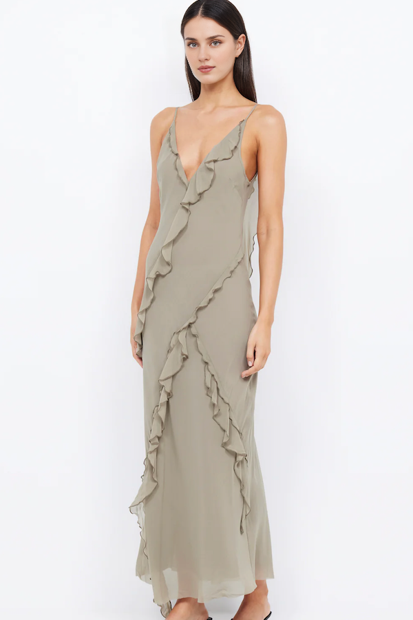 Weitese Dress Women's Temperament V-Neck Ruffled Edge Solid Color Dress Spaghetti Straps Open Back Prom Dress