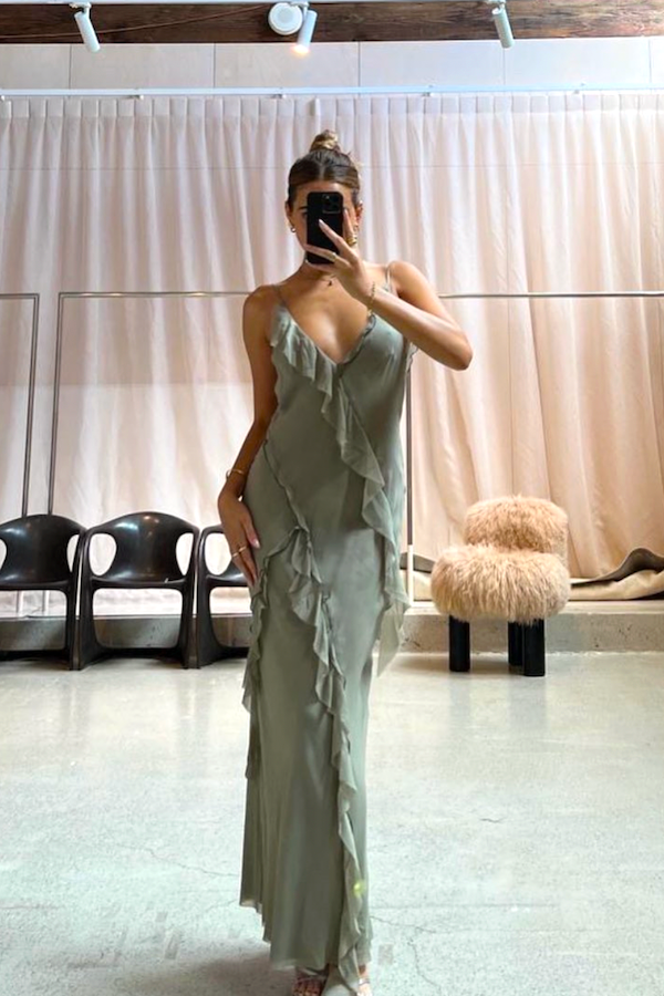 Weitese Dress Women's Temperament V-Neck Ruffled Edge Solid Color Dress Spaghetti Straps Open Back Prom Dress