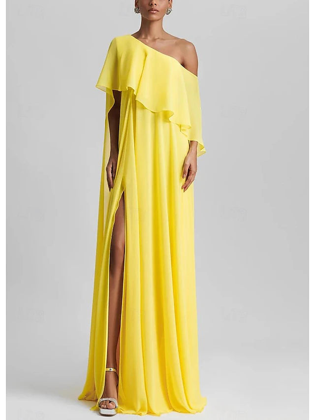 Weitese Dress Yellow A-Line Elegant Dress Beach Wedding Formal Wedding Guest Floor Length Sleeveless One Shoulder Stretch Chiffon With Ruffles Slit Evening Dress