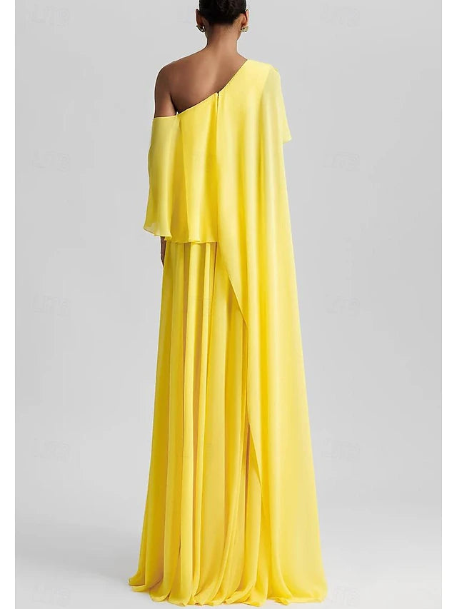 Weitese Dress Yellow A-Line Elegant Dress Beach Wedding Formal Wedding Guest Floor Length Sleeveless One Shoulder Stretch Chiffon With Ruffles Slit Evening Dress
