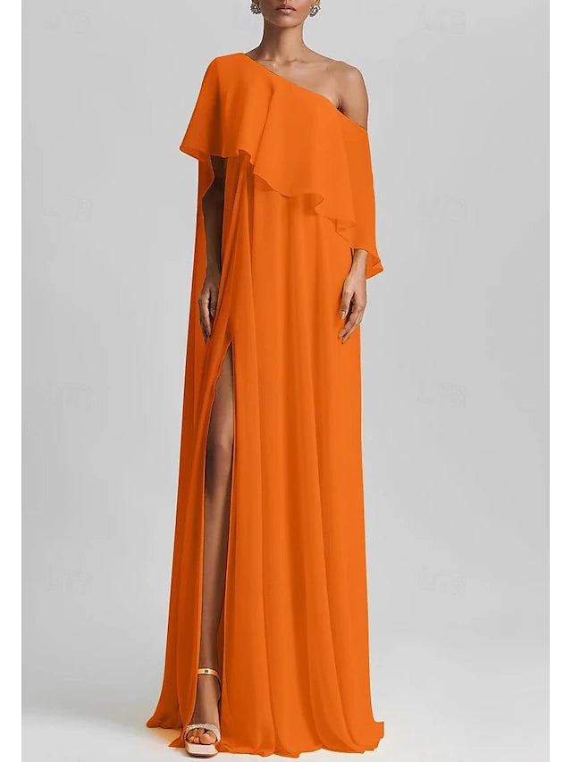 Weitese Dress Yellow A-Line Elegant Dress Beach Wedding Formal Wedding Guest Floor Length Sleeveless One Shoulder Stretch Chiffon With Ruffles Slit Evening Dress