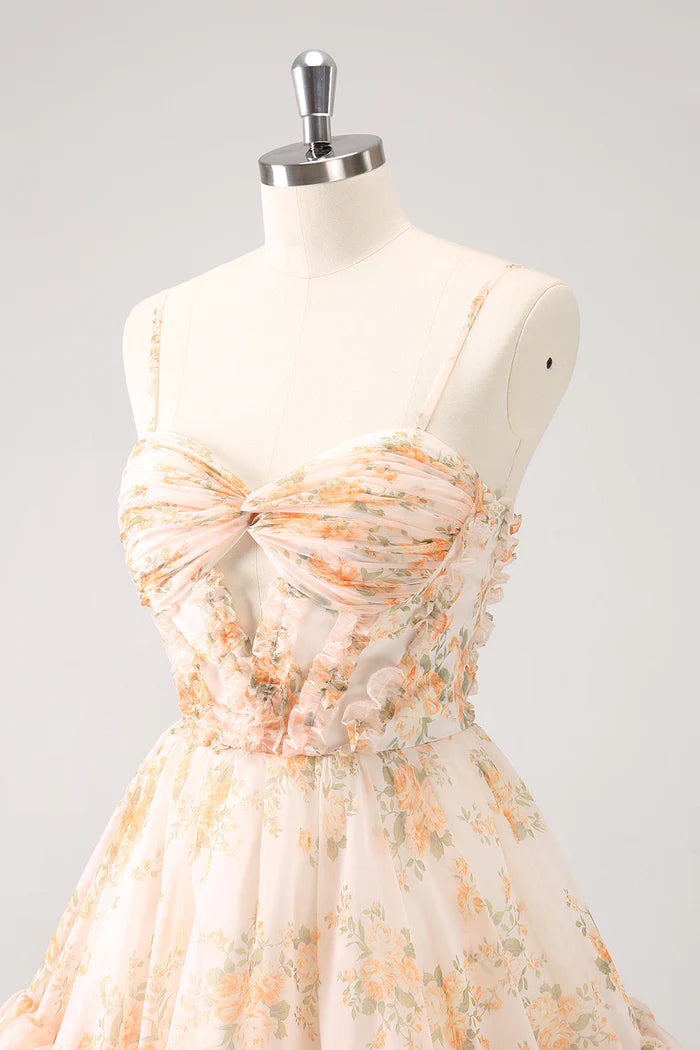 Weitese Dress Yellow A-Line Front Twist Short Floral Short Homecoming Dress Sleeveless Party Dress