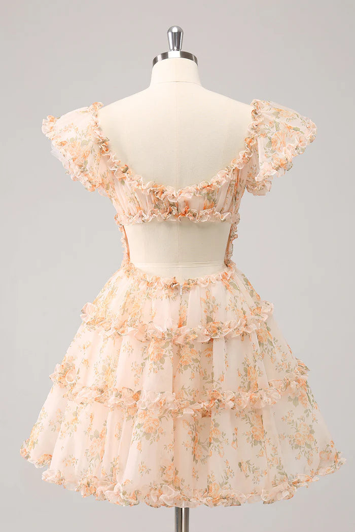 Weitese Dress Yellow A-Line Ruffled Tulle Floral Print Short Homecoming Dress Short Sleeve Party Dress