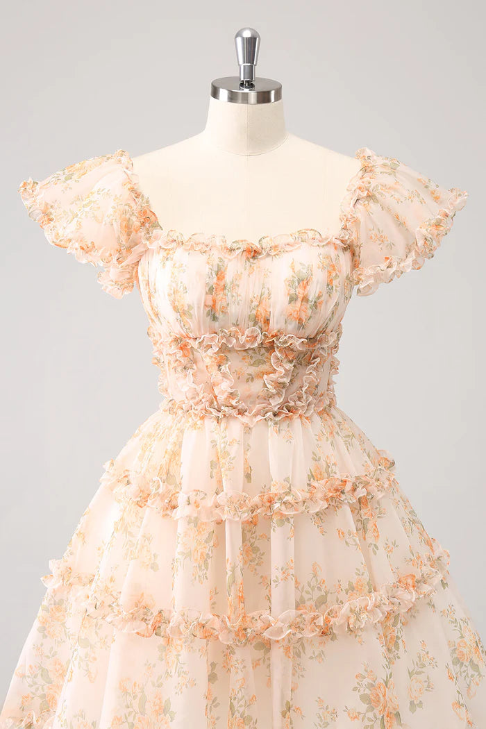 Weitese Dress Yellow A-Line Ruffled Tulle Floral Print Short Homecoming Dress Short Sleeve Party Dress