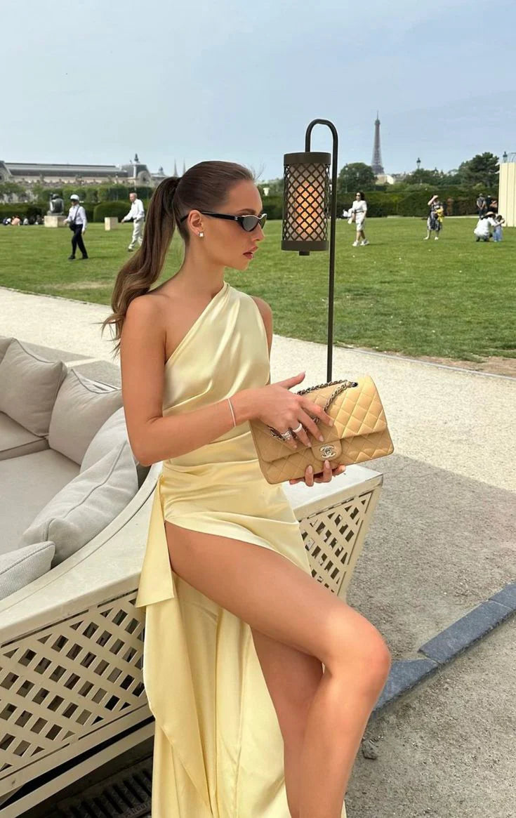 Weitese Dress Yellow One Shoulder Prom Dress Sexy Evening Dress With Side Slit Formal Wear Dresses