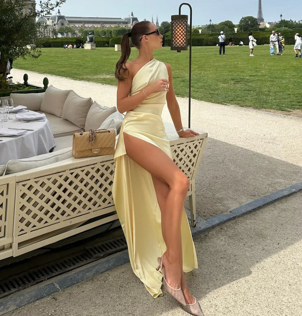 Weitese Dress Yellow One Shoulder Prom Dress Sexy Evening Dress With Side Slit Formal Wear Dresses