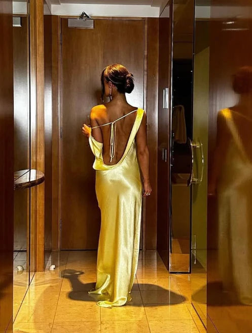 Weitese Dress Yellow Sheath Column Open Back Satin Long Prom Dress Evening Dress Party Dress
