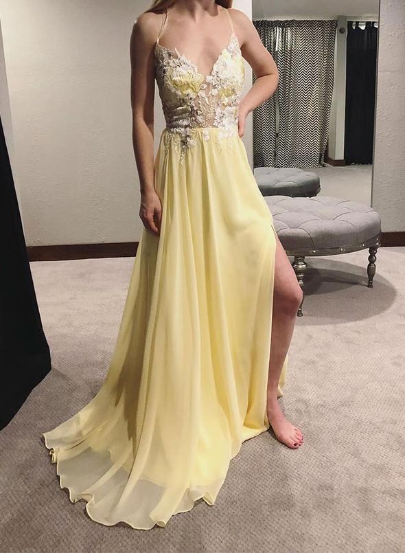 Weitese Dress Yellow Spaghetti Straps V Neck Chiffon Lace Long Prom Dress Evening Dress Party Dress