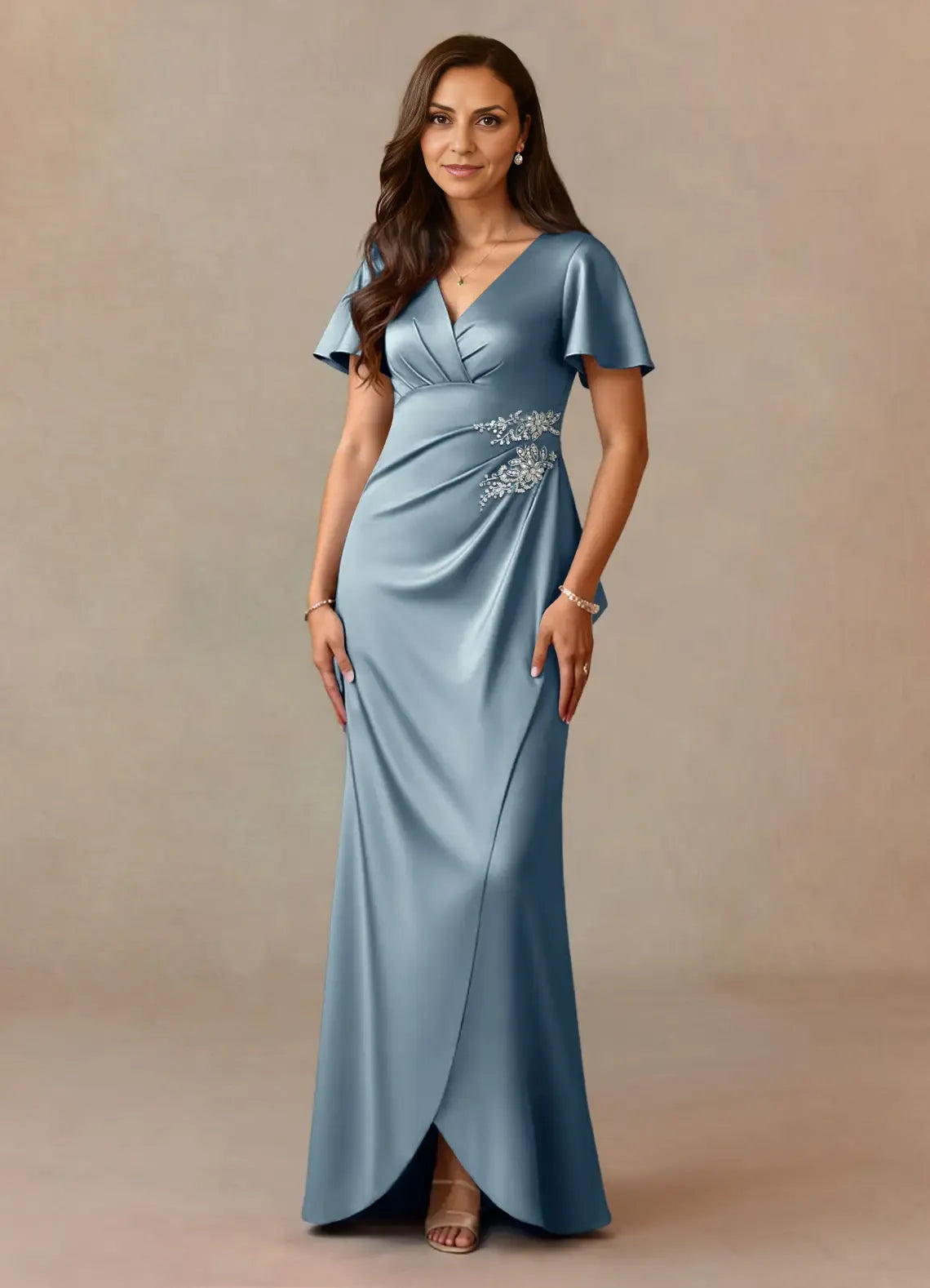 Weitese Dress Dusty Rose A-Line Pleated Satin Dress V-Neck Flutter Sleeve Beaded Floor-Length Mother of the Bride Dress