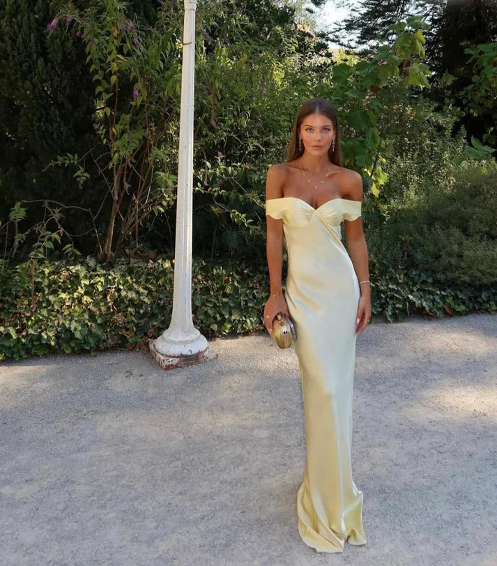 Robe de bal longue en satin, style sirène, simple et tendance, sans bretelles, jaune/bleu