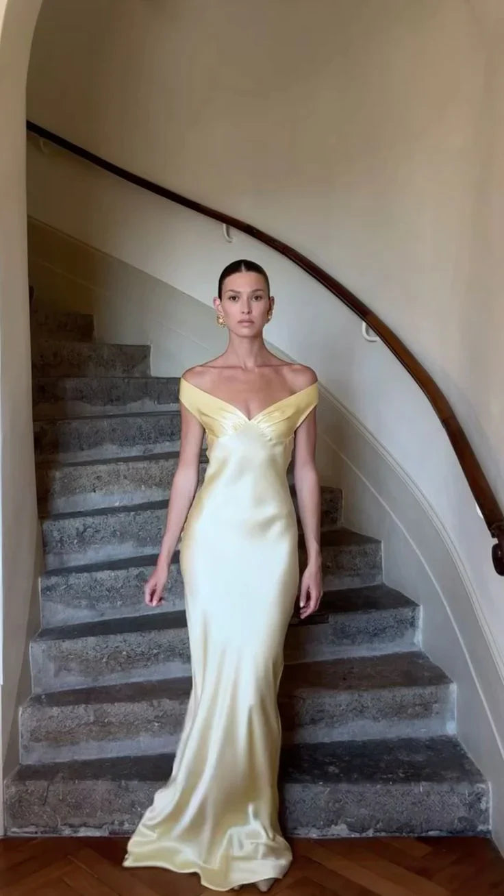 Robe de bal longue en satin, style sirène, simple et tendance, sans bretelles, jaune/bleu