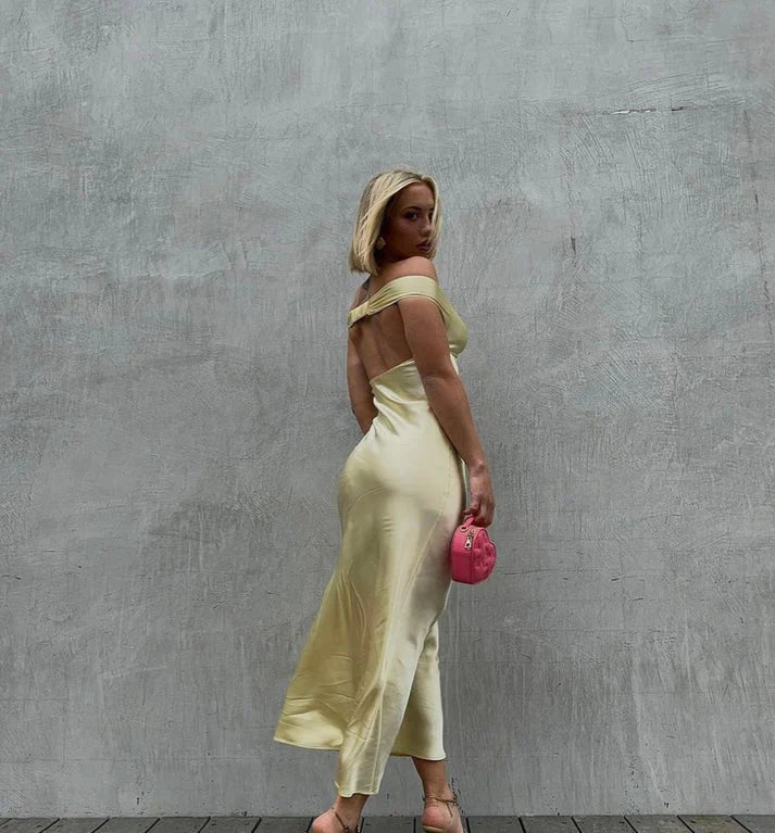 Robe de bal longue en satin, style sirène, simple et tendance, sans bretelles, jaune/bleu