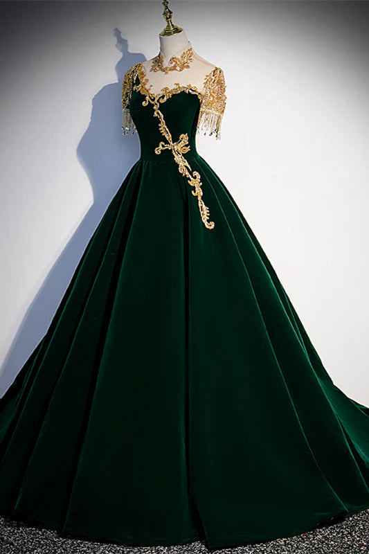 Weitese Elegant Gorgeous Dark Green A-line Long Formal Gown with Gold High Neck Prom Dress Prom Dresses Stores