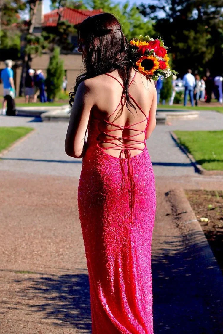 Weitese Elegant Spaghetti Straps Neon Pink Sequin Mermaid Formal Dress Prom Dress Prom Dresses Stores