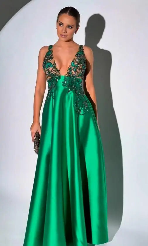 Weitese Glamorous A-line Dark Green Satin Sleeveless Regular Strap Party Dress with Beadings Prom Dress