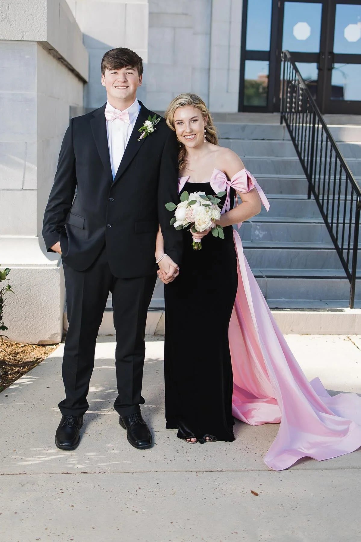 Weitese Off the Shoulder Black Long Formal Dress with Pink Bows Floor Length Prom Dress Prom Dresses Stores