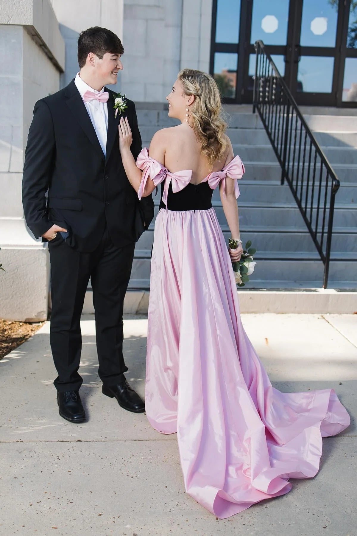Weitese Off the Shoulder Black Long Formal Dress with Pink Bows Floor Length Prom Dress Prom Dresses Stores