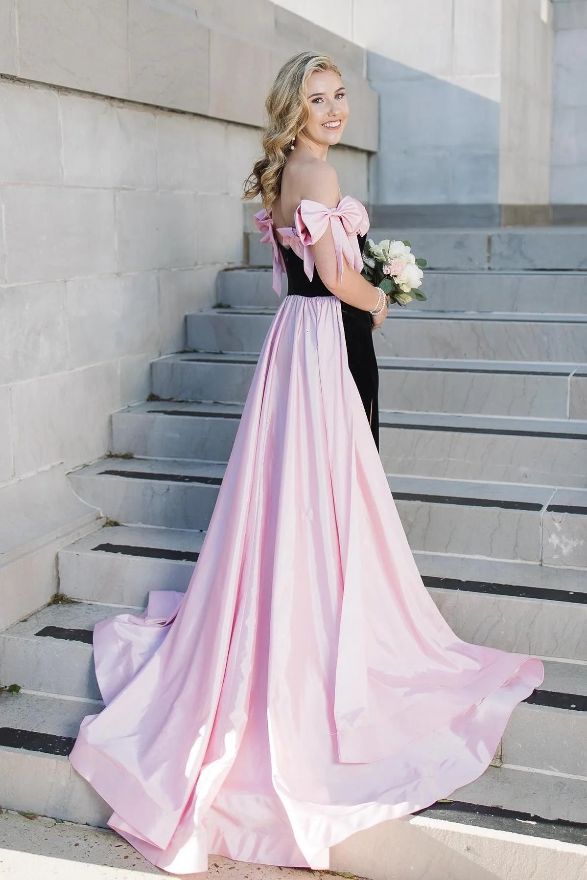 Weitese Off the Shoulder Black Long Formal Dress with Pink Bows Floor Length Prom Dress Prom Dresses Stores