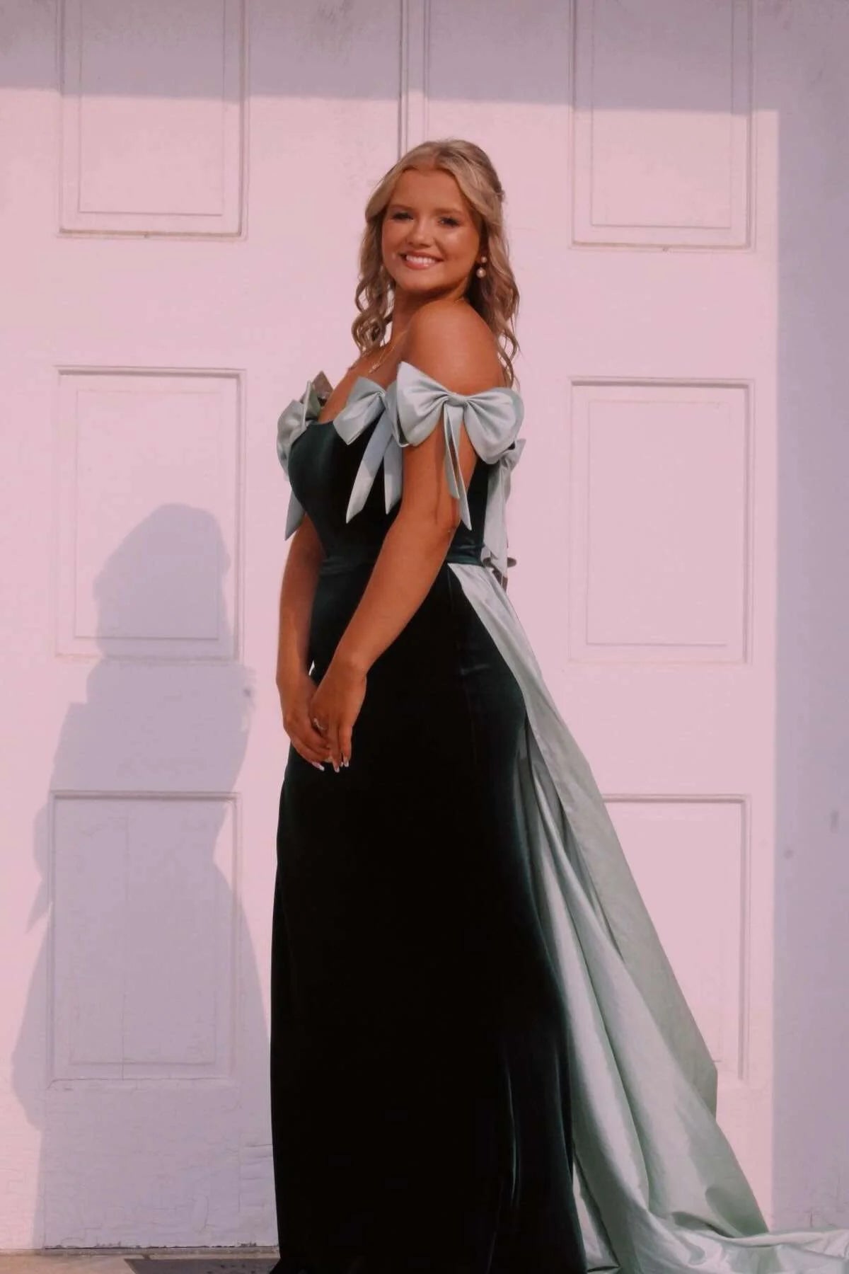 Weitese Off the Shoulder Black Long Formal Dress with Pink Bows Floor Length Prom Dress Prom Dresses Stores