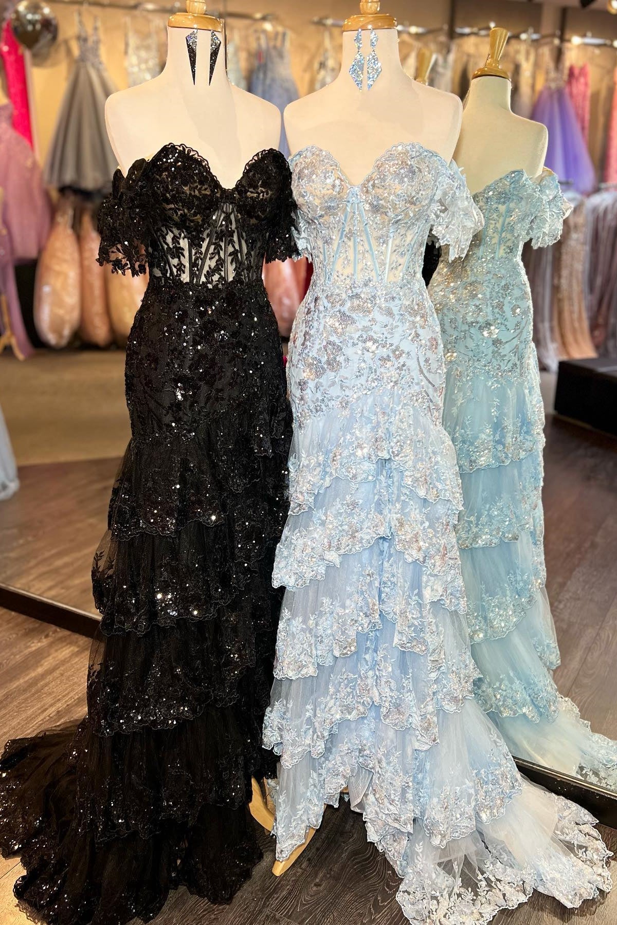 Weitese Off the Shoulder Light Blue Appliques Tiered Ruffle Long Prom Dress Sparkling Floor Length Prom Dress Prom Dresses Stores