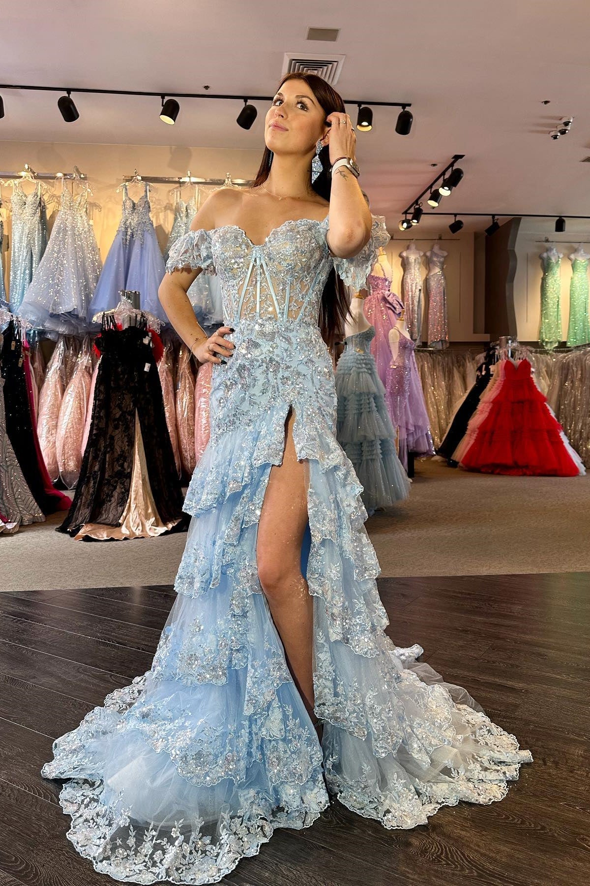 Weitese Off the Shoulder Light Blue Appliques Tiered Ruffle Long Prom Dress Sparkling Floor Length Prom Dress Prom Dresses Stores