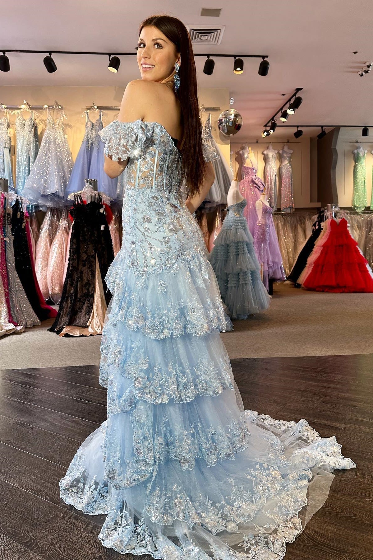 Weitese Off the Shoulder Light Blue Appliques Tiered Ruffle Long Prom Dress Sparkling Floor Length Prom Dress Prom Dresses Stores