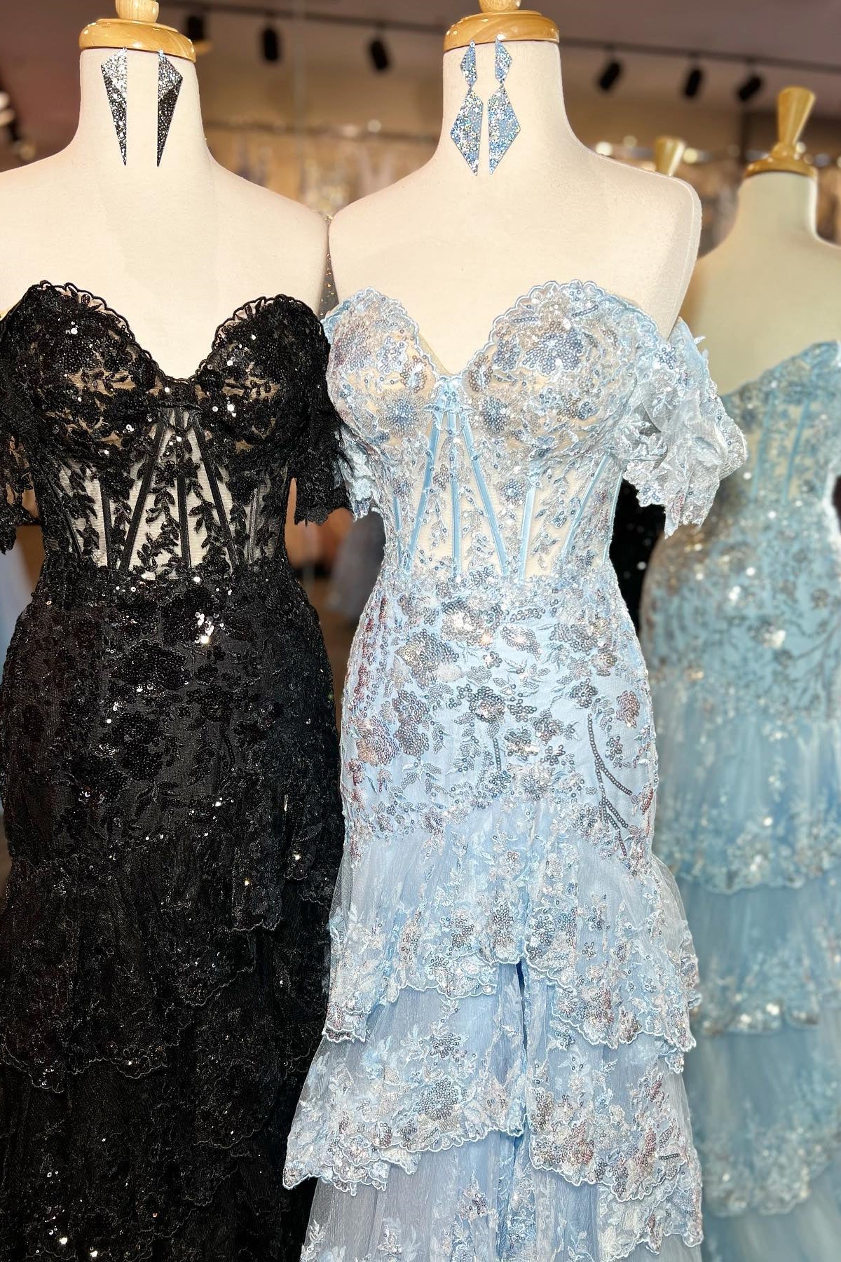 Weitese Off the Shoulder Light Blue Appliques Tiered Ruffle Long Prom Dress Sparkling Floor Length Prom Dress Prom Dresses Stores