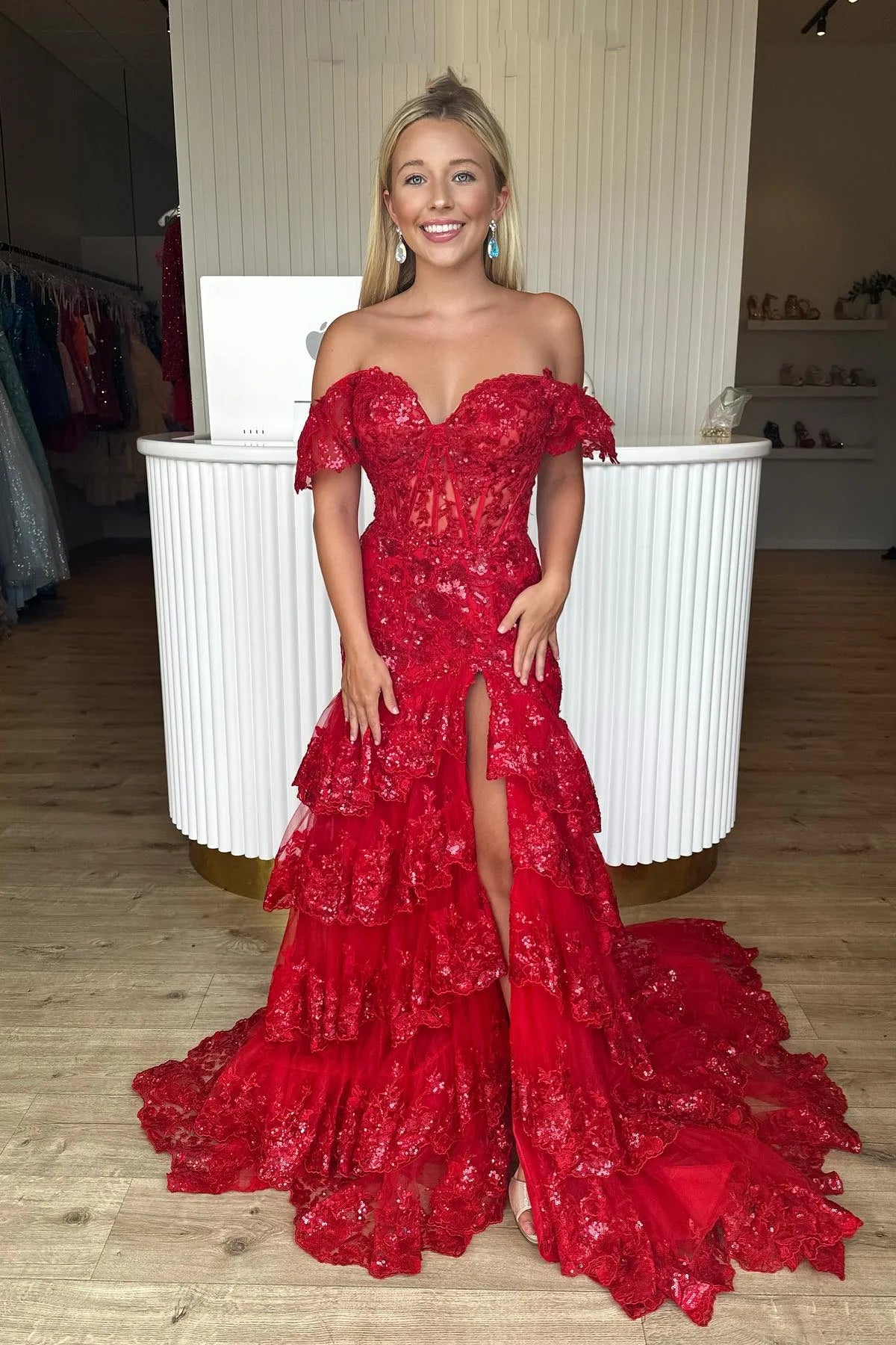 Weitese Off the Shoulder Light Blue Appliques Tiered Ruffle Long Prom Dress Sparkling Floor Length Prom Dress Prom Dresses Stores