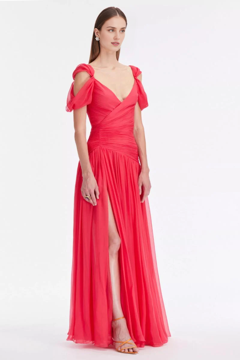 Weitese Prom Dress In Store A-line Off Shoulder V Neck Chiffon Maxi Dress With Slit Dresses Evening Wear