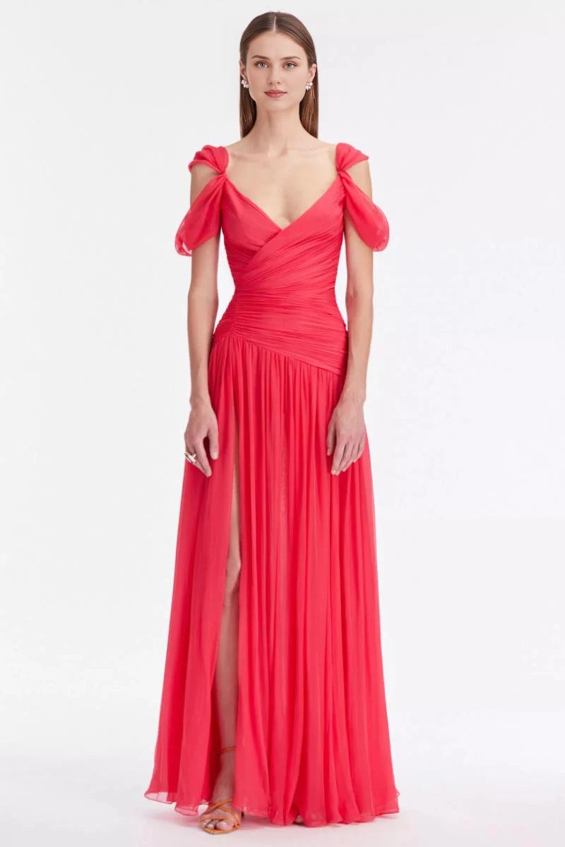 Weitese Prom Dress In Store A-line Off Shoulder V Neck Chiffon Maxi Dress With Slit Dresses Evening Wear