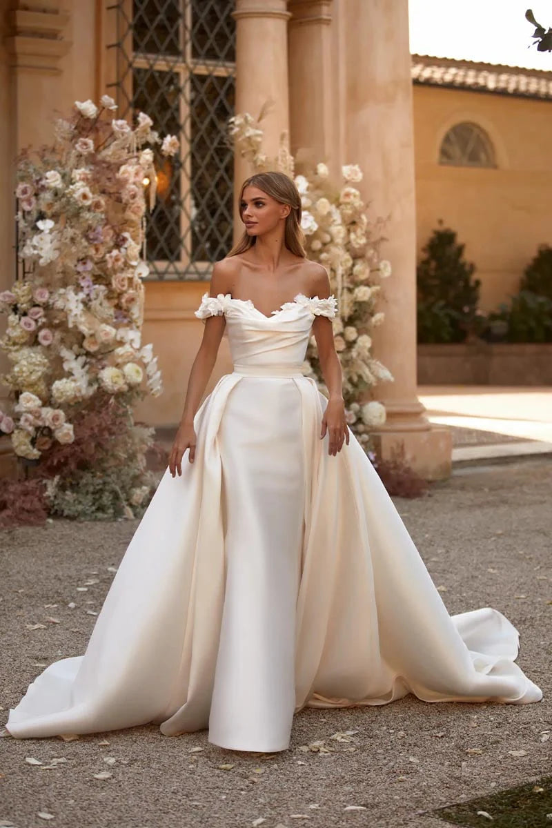 Weitese Prom Dress In Store Divine A-line Off-the-Shoulder Romantic Satin Wedding Dress Backless Dress For Wedding