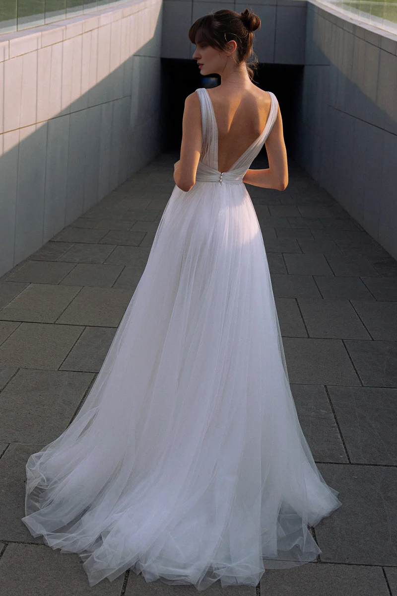 Weitese Prom Dress In Store Elegant Tulle A-line Wedding Dress Deep V Neck Backless Dress For Wedding