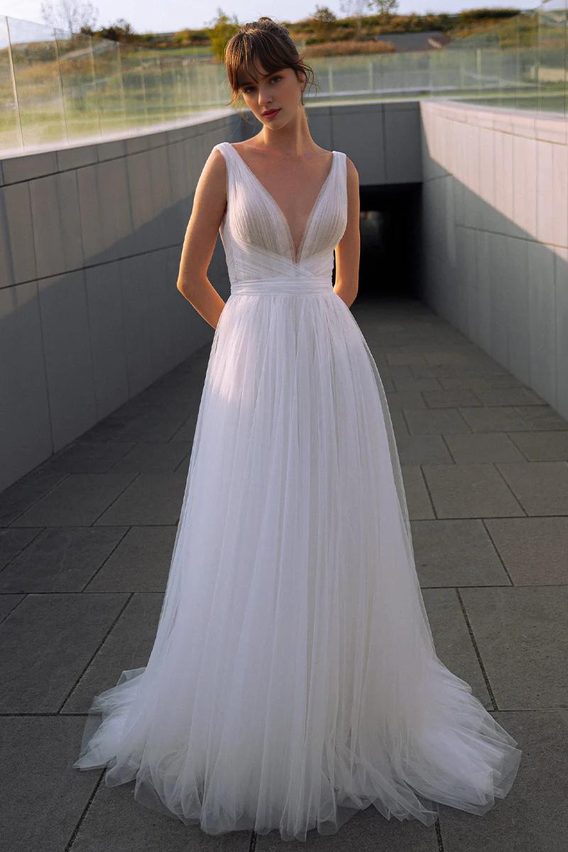 Weitese Prom Dress In Store Elegant Tulle A-line Wedding Dress Deep V Neck Backless Dress For Wedding