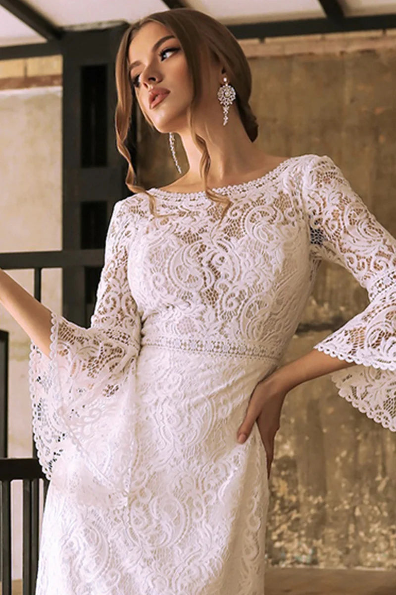Weitese Prom Dress In Store Eternity Lace Mermaid Boatneck Wedding Dress Long Sleeves Backless Dress For Wedding