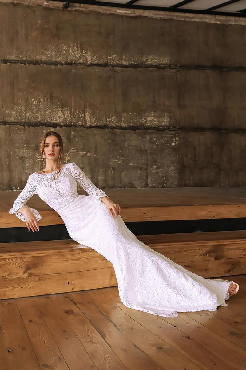 Weitese Prom Dress In Store Eternity Lace Mermaid Boatneck Wedding Dress Long Sleeves Backless Dress For Wedding