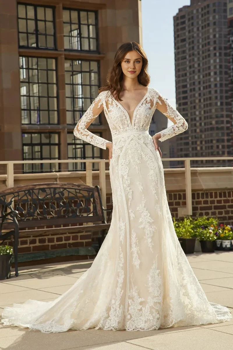 Weitese Prom Dress In Store Ivory Long Sleeve V Neck Wedding Dress Mermaid Applique With Train Dress For Wedding