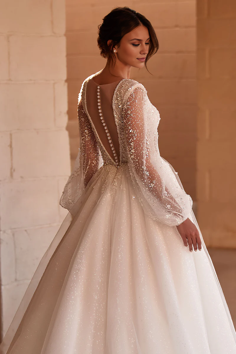 Weitese Prom Dress In Store Long Sleeve Beaded Tulle Round Neck Wedding Dress A-line Sparkling Dress For Wedding