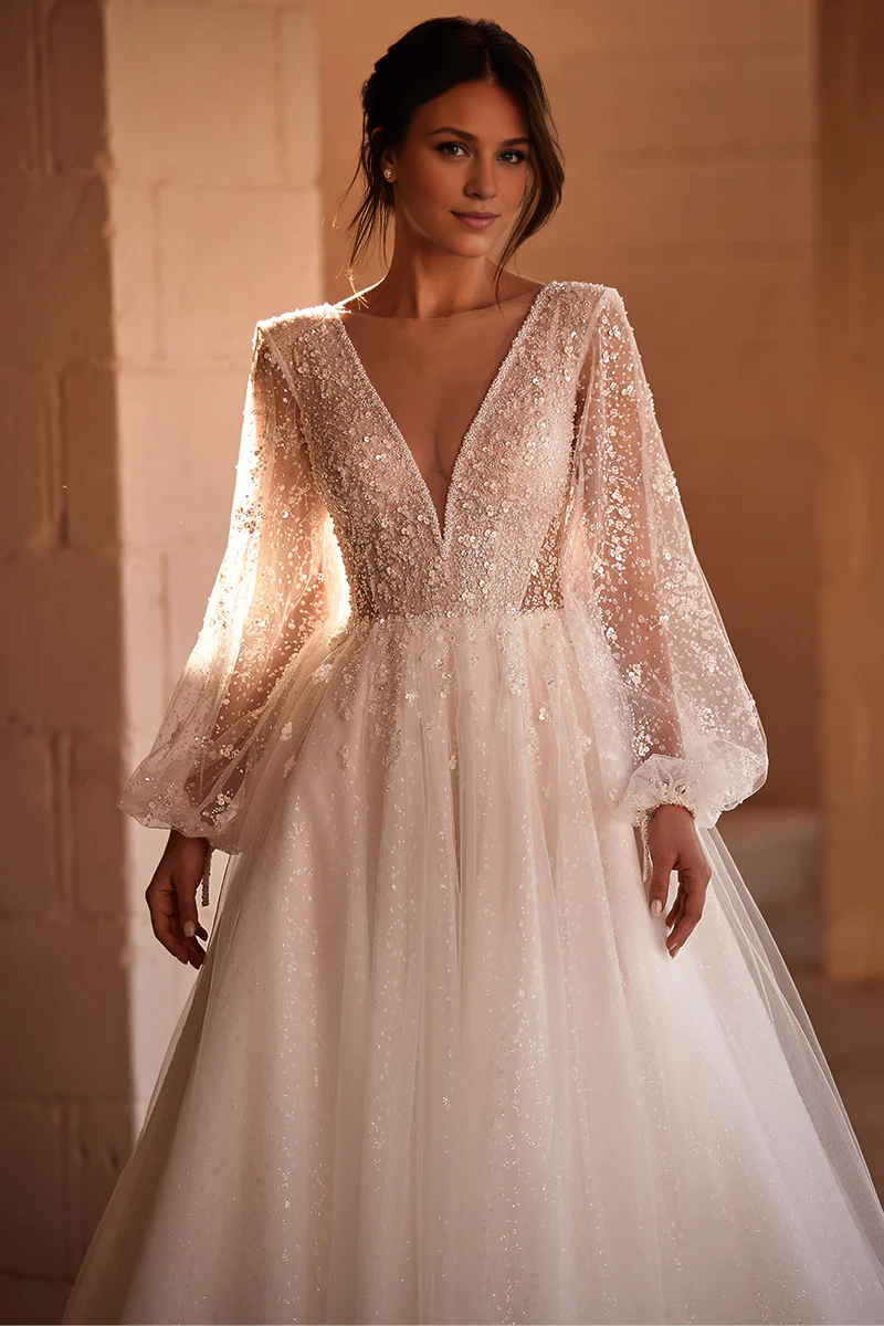 Weitese Prom Dress In Store Long Sleeve Beaded Tulle Round Neck Wedding Dress A-line Sparkling Dress For Wedding