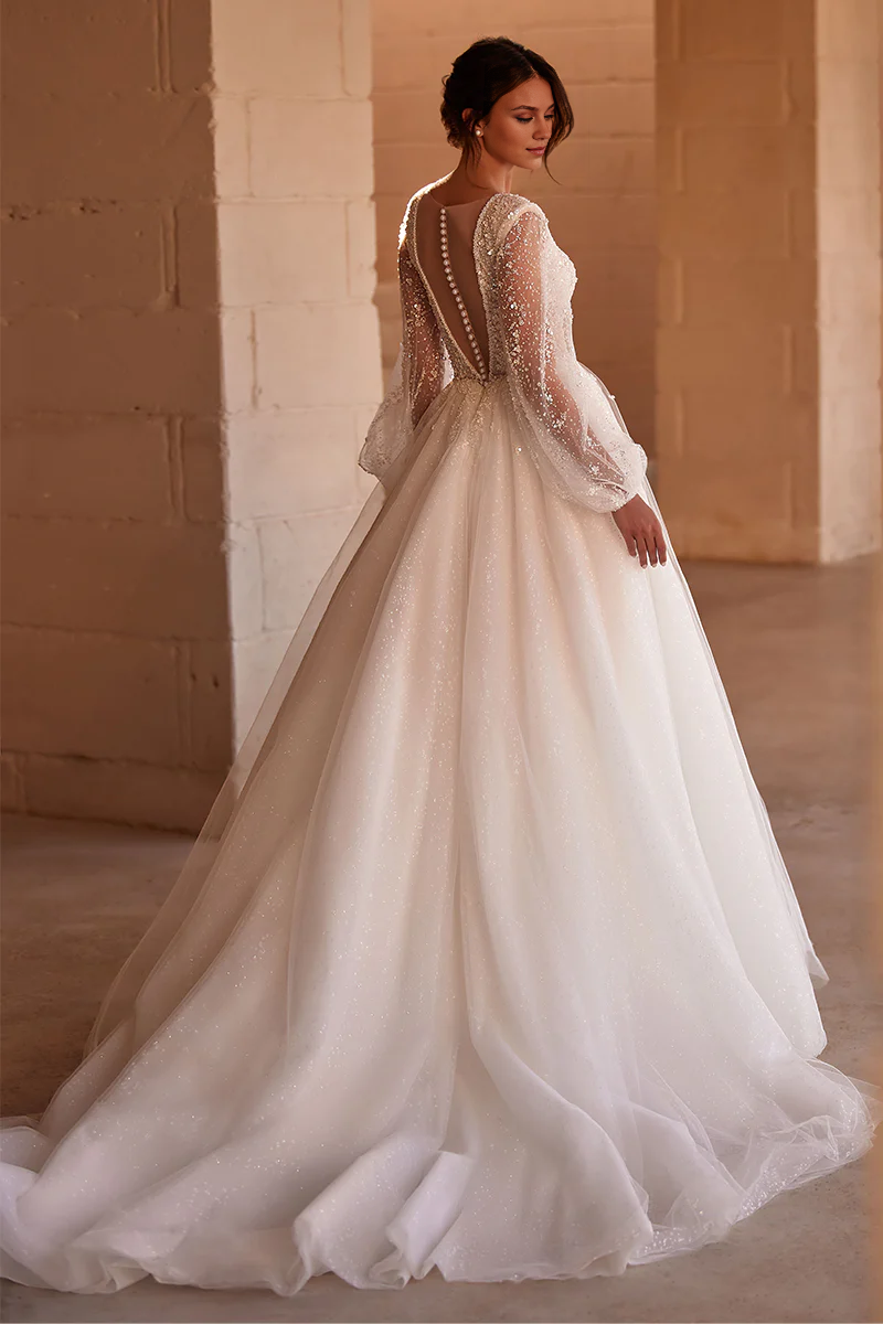 Weitese Prom Dress In Store Long Sleeve Beaded Tulle Round Neck Wedding Dress A-line Sparkling Dress For Wedding