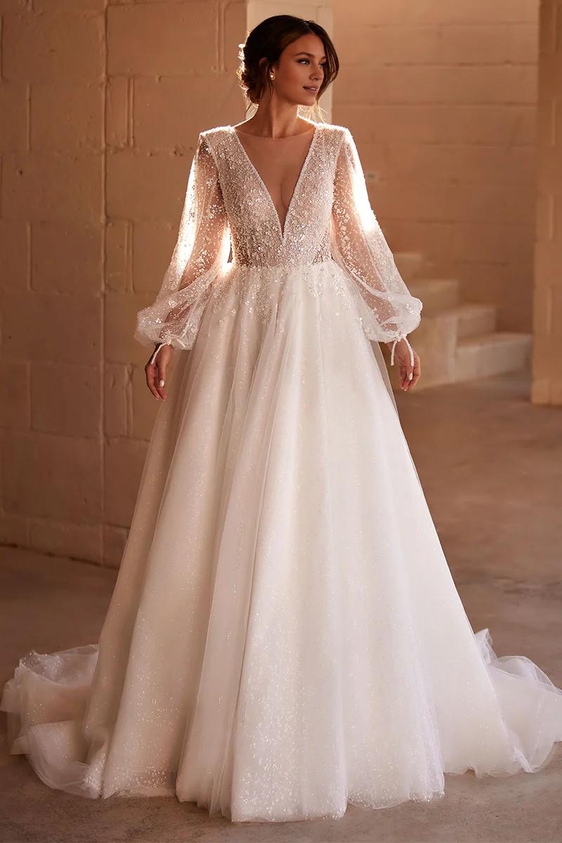 Weitese Prom Dress In Store Long Sleeve Beaded Tulle Round Neck Wedding Dress A-line Sparkling Dress For Wedding