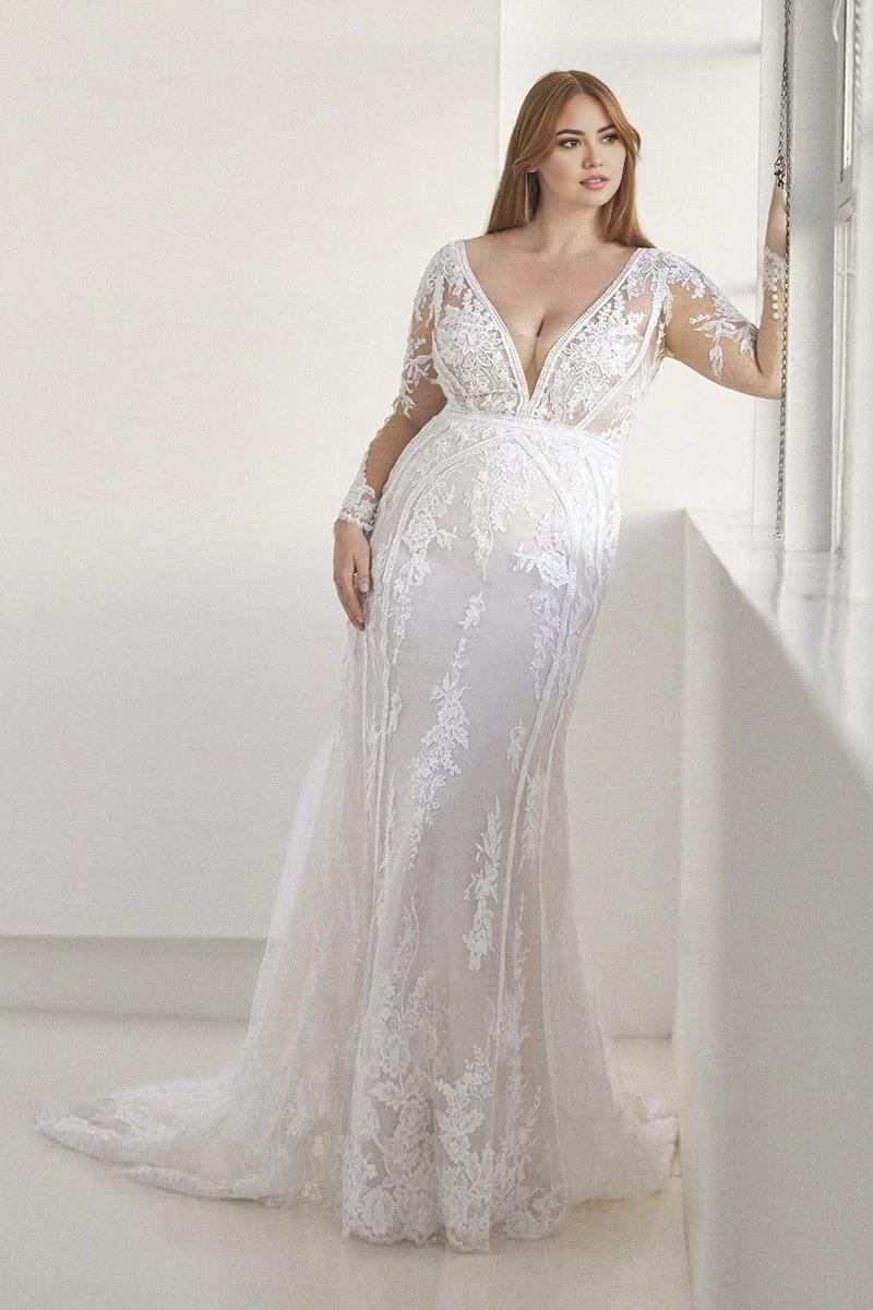 Weitese Prom Dress In Store Long Sleeve V Neck Wedding Dress Mermaid Applique With Train Dress For Wedding