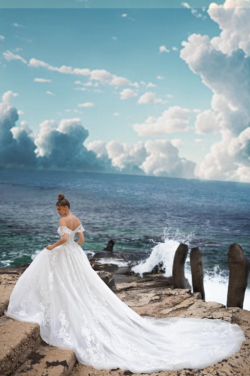 Weitese Prom Dress In Store Off-the-shoulder Strapless A-line Wedding Dress With Overlength Train Dress For Wedding