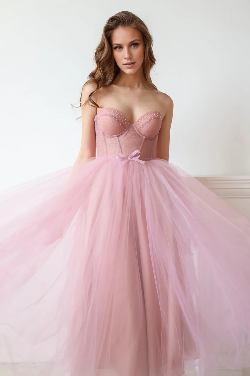 Weitese Prom Dress In Store Strapless Elegant A-line Mademoiselle Tea Length Tulle Dresses Evening Wear