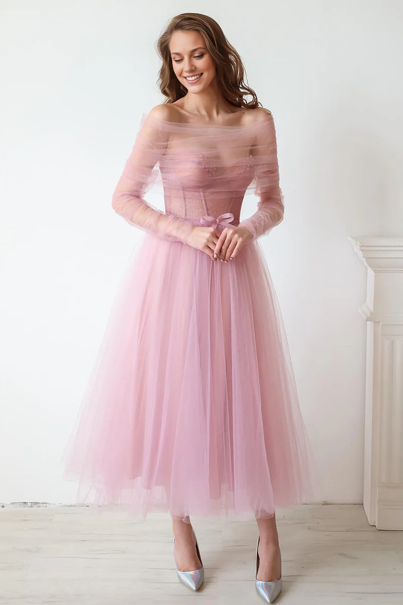 Weitese Prom Dress In Store Strapless Elegant A-line Mademoiselle Tea Length Tulle Dresses Evening Wear