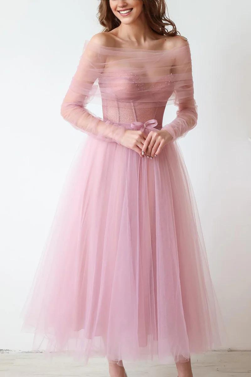 Weitese Prom Dress In Store Strapless Elegant A-line Mademoiselle Tea Length Tulle Dresses Evening Wear