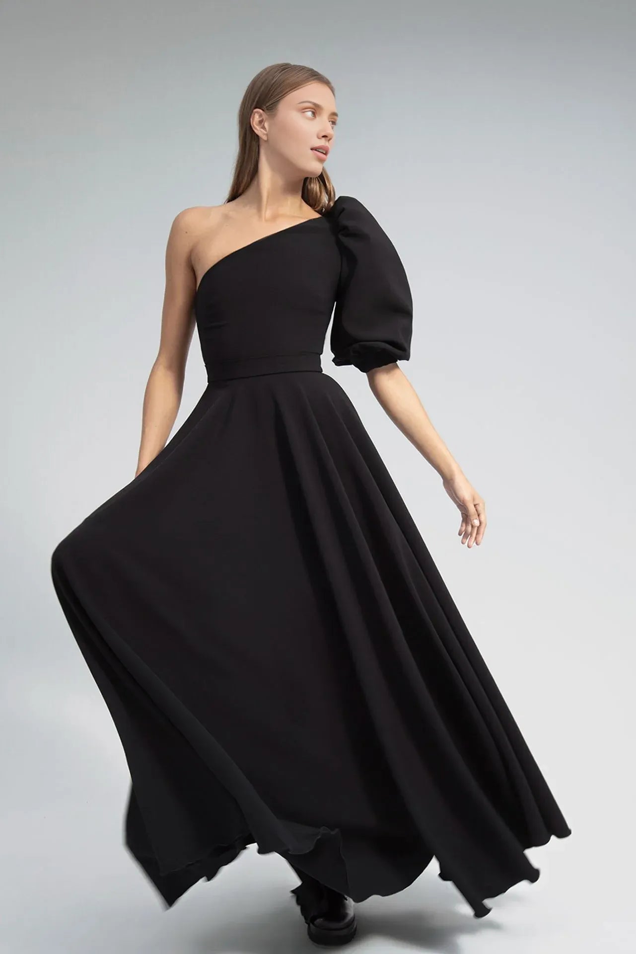 Weitese Prom Dress Stores Asymmetric Neck One-shoulder Short Puffy Sleeve A-line Flared Dress Evening Formal Women's Dresses