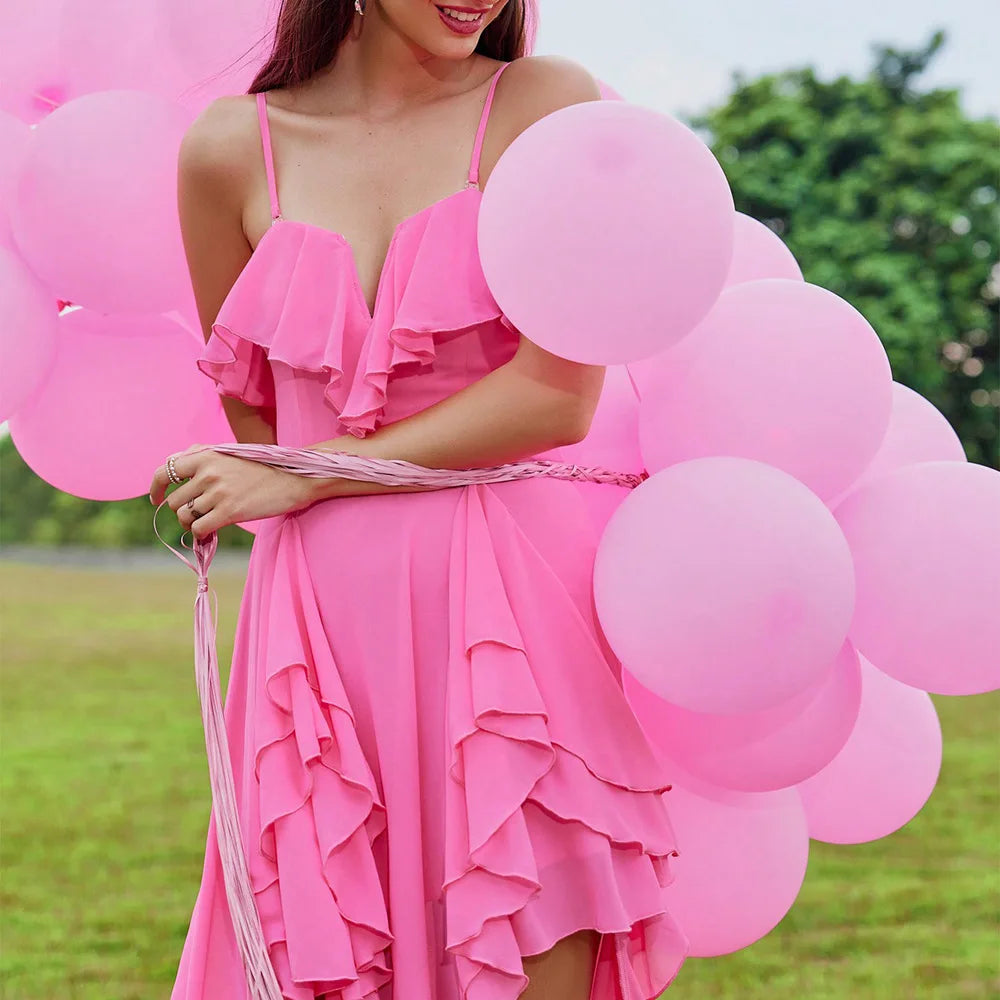 Weitese Ruffle Maxi Dress A-line Sleeveless White Bridesmaid Dress Party Dress Fuchsia Spaghetti Straps Prom Dress