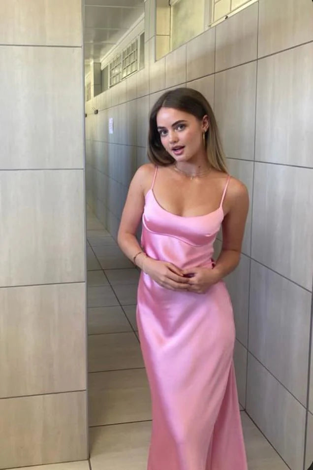 Weitese Simple Off the Shoulder Backless Spaghetti Straps Pink Sheath Long Party Dress Floor Length Prom Dress Prom Dresses Stores