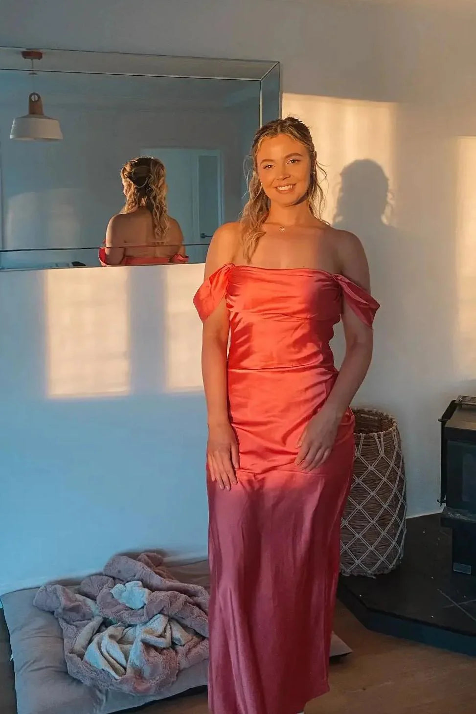 Weitese Simple Off the Shoulder Coral Sheath Long Party Dress Floor Length Prom Dress Prom Dresses Stores