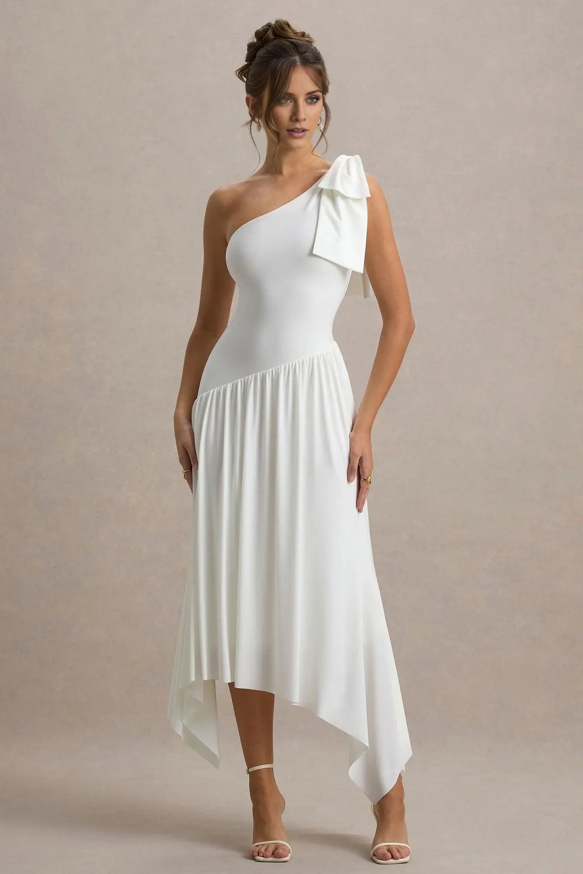 Weitese Simple White Satin One Shoulder Bow Sleeveless Evening Dress with Pleated Prom Dress